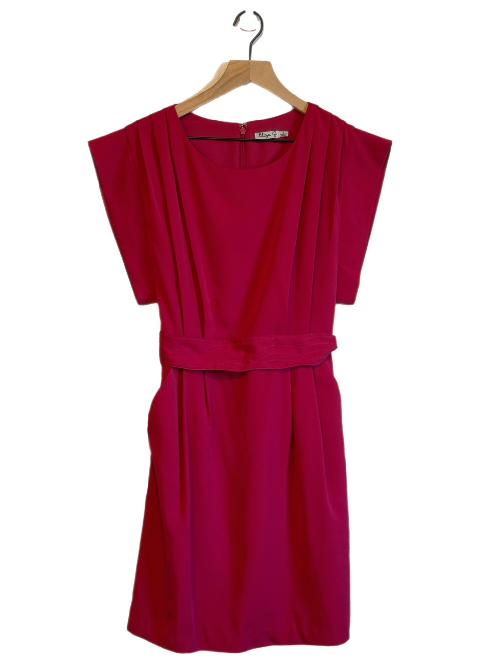 Eliza J Fuchsia Pleated Belted Pockets Sheath Midi Dress Cocktail Chic Party